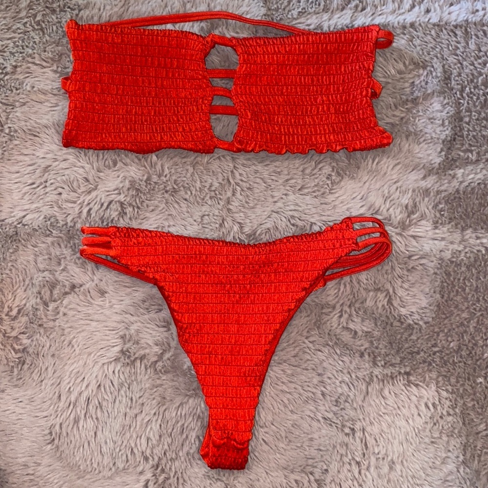 Red two piece bikini swimsuit strappy back  & sides size small tube top​